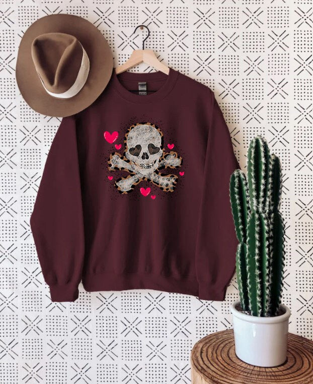 Heart Eyed Skull and Crossbones Sweatshirt,Valentine Skeleton Sweatshirt,Skull Love shirt,Funny Valentines DayGift,Spooky Sweatshirt,vintage