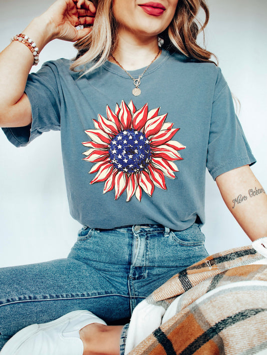 Comfort Colors America Sunflower Shirt,Sunflower T shirt, USA Sunflower, Sunflower shirts,4th Of July Flag Graphic T-Shirt,