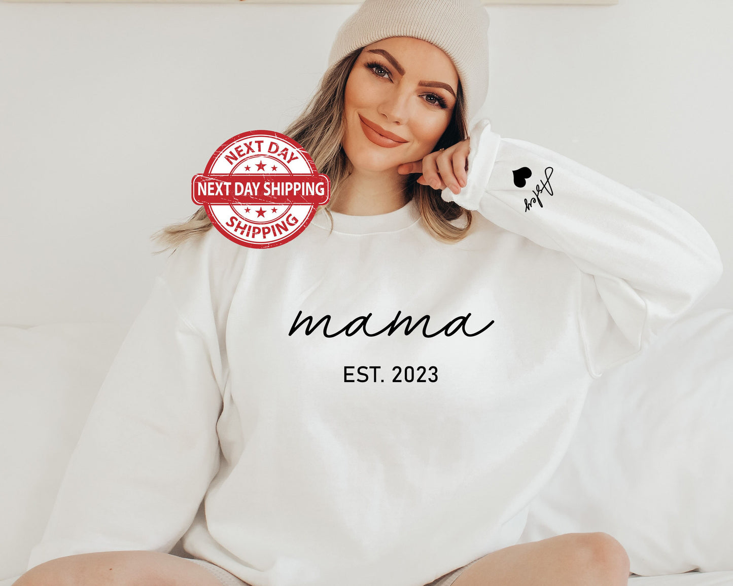 Personalized Mama Est. 2023 Sweatshirt,Customized sweatshirt Mama EST 2023 tshirt,Custom Mama Shirt with kid name on sleeve,Mothers Day Gift