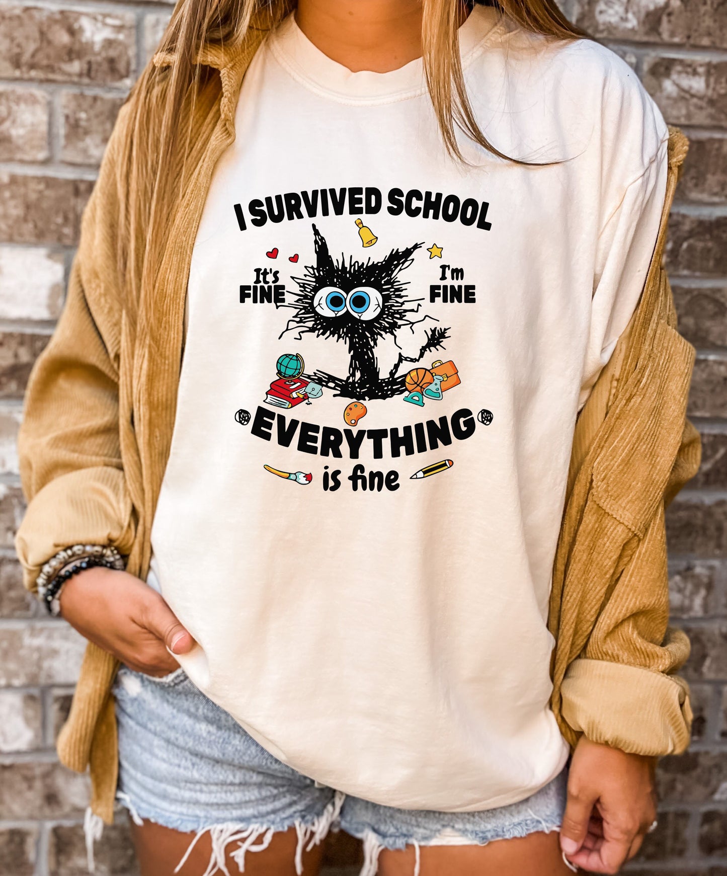 Comfort Colors Cat I survived school it's fine I'm fine everything is fine Shirt , Funny Shirt, Sarcastic Shirt, Everything is Fine Shirt