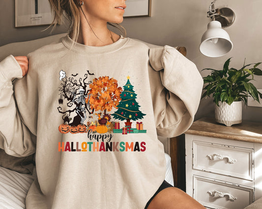 Happy Hallothanksmas Sweatshirt,Halloween Shirt,Thanksgiving Shirt,Christmas Shirt,Winter Clothing,Cute Hallothanksmas,Holiday Sweatshirts