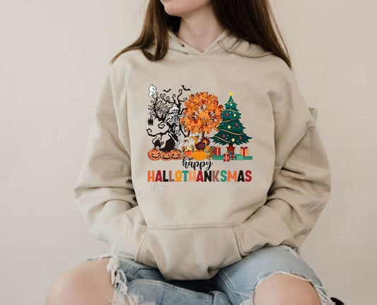 Happy Hallothanksmas Hoodie ,Halloween Shirt,Thanksgiving Shirt,Christmas Shirt,Winter Clothing,Cute Hallothanksmas,Holiday Sweatshirts