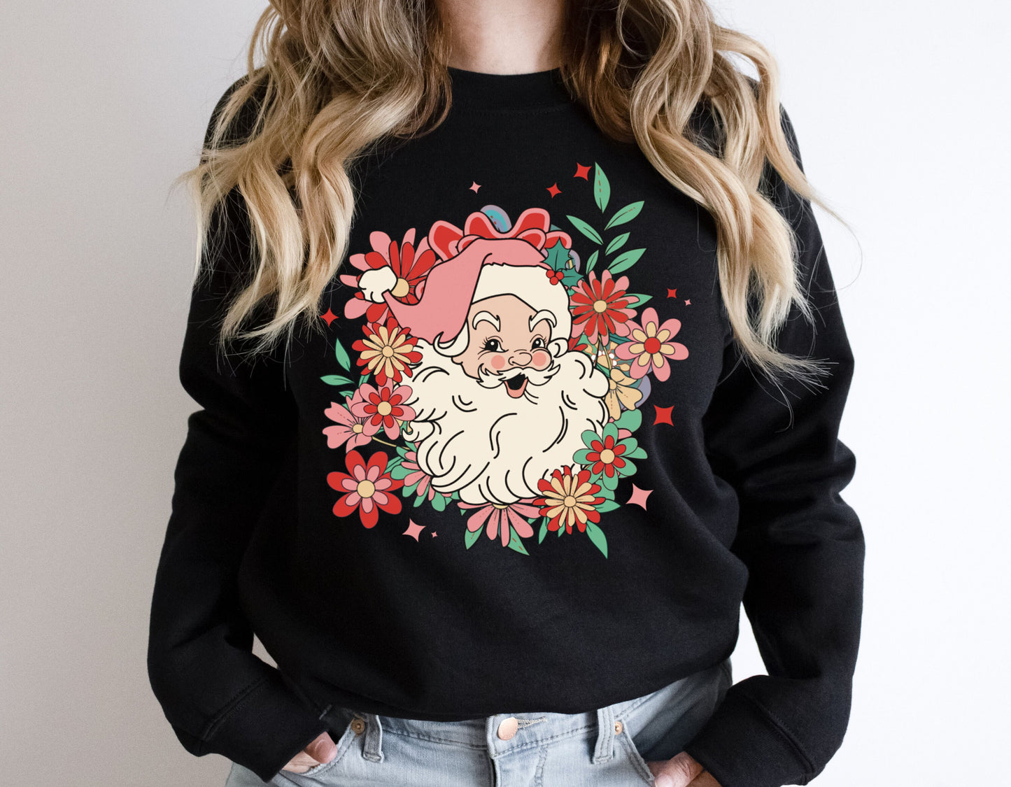 Flower Santa Sweatshirt,Christmas Shirt,Santa Shirt,Christmas Gifts,Retro Santa Sweatshirt,Vintage Santa Shirt,Santa Gift,Holiday Clothing