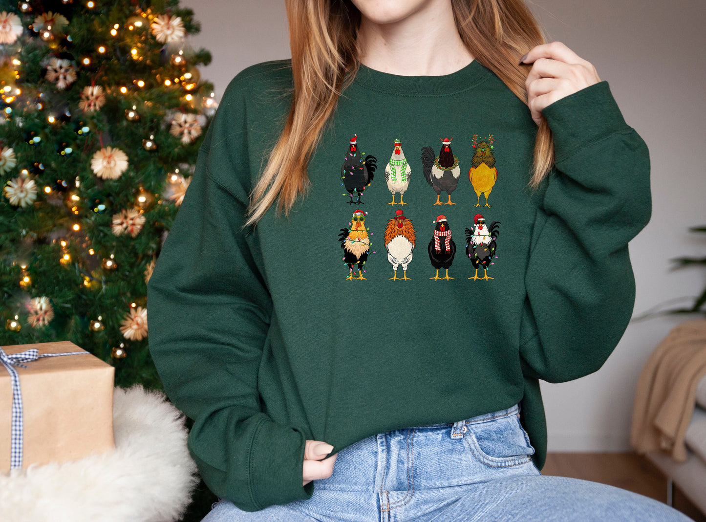 Cute Christmas Chickens Sweater,Christmas Farm Animal Sweatshirt,Chickens Lover Sweat,Christmas Crewneck,Holiday Sweatshirt,Christmas Lights