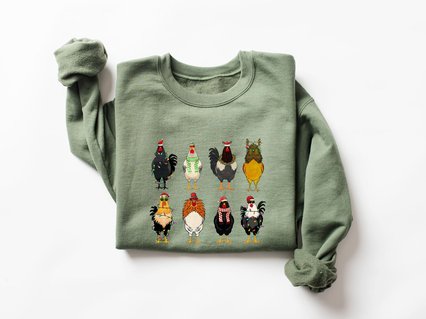 Cute Christmas Chickens Sweater,Christmas Farm Animal Sweatshirt,Chickens Lover Sweat,Christmas Crewneck,Holiday Sweatshirt,Christmas Lights