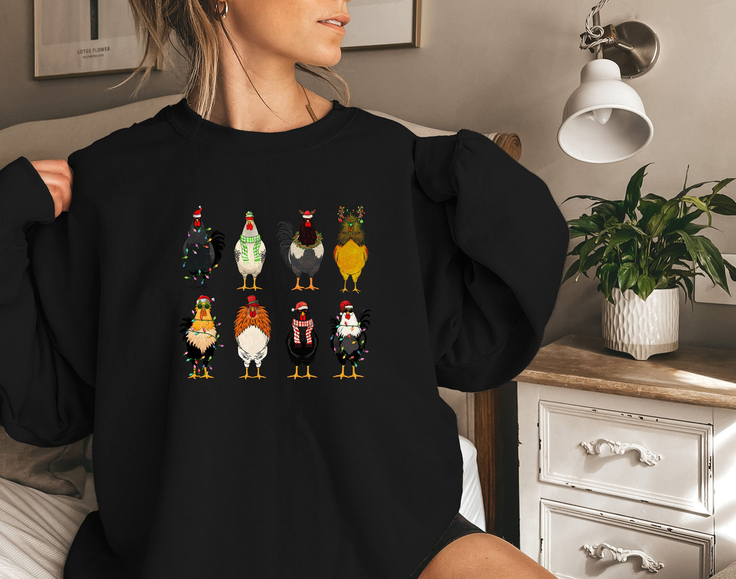 Cute Christmas Chickens Sweater,Christmas Farm Animal Sweatshirt,Chickens Lover Sweat,Christmas Crewneck,Holiday Sweatshirt,Christmas Lights