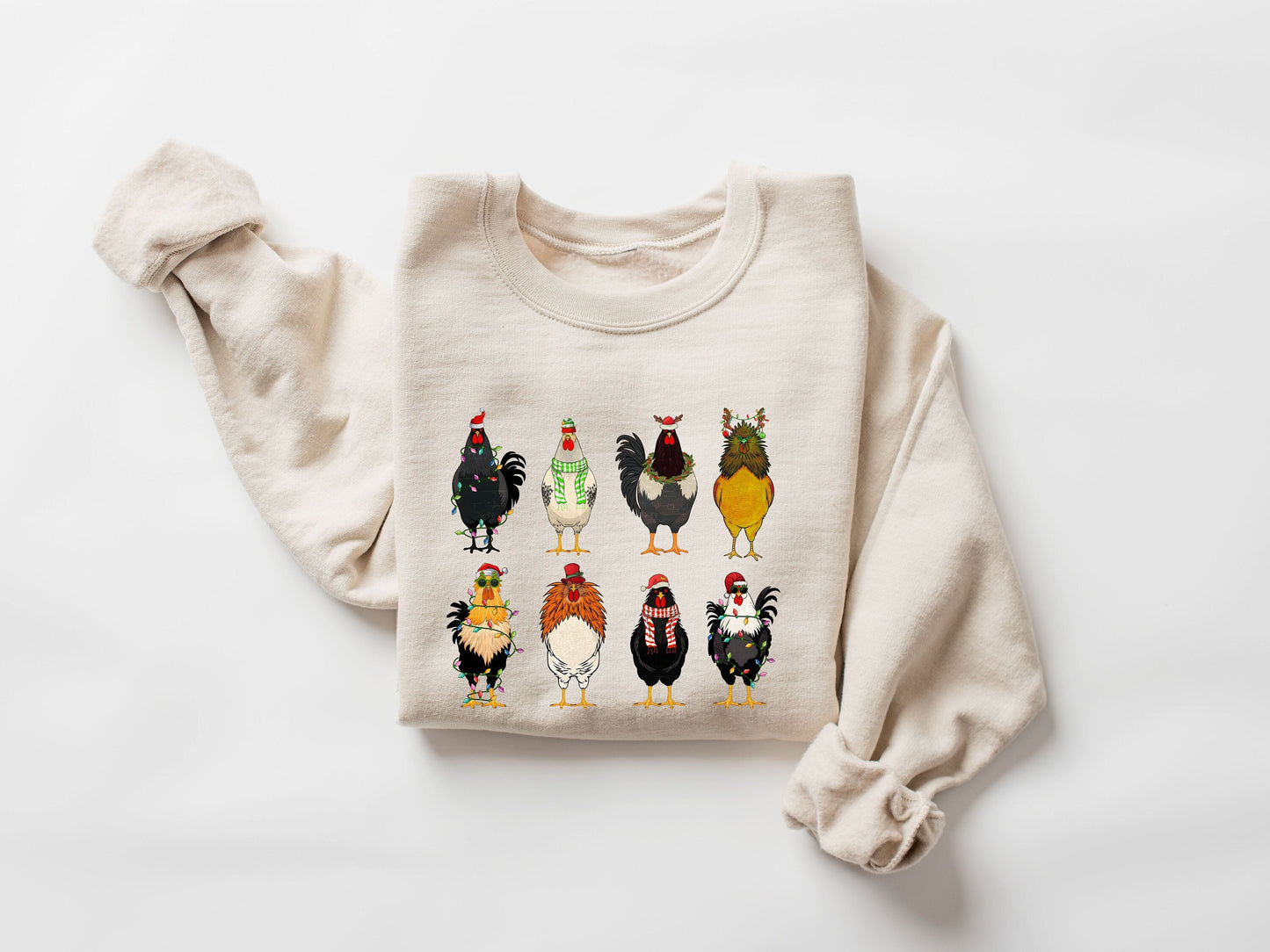 Cute Christmas Chickens Sweater,Christmas Farm Animal Sweatshirt,Chickens Lover Sweat,Christmas Crewneck,Holiday Sweatshirt,Christmas Lights